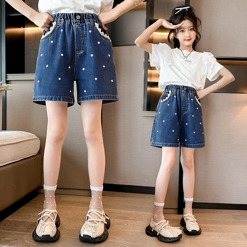 女童甜美洋气夏季短裤薄款2025新款花边休闲牛仔裤儿童夏季时尚潮