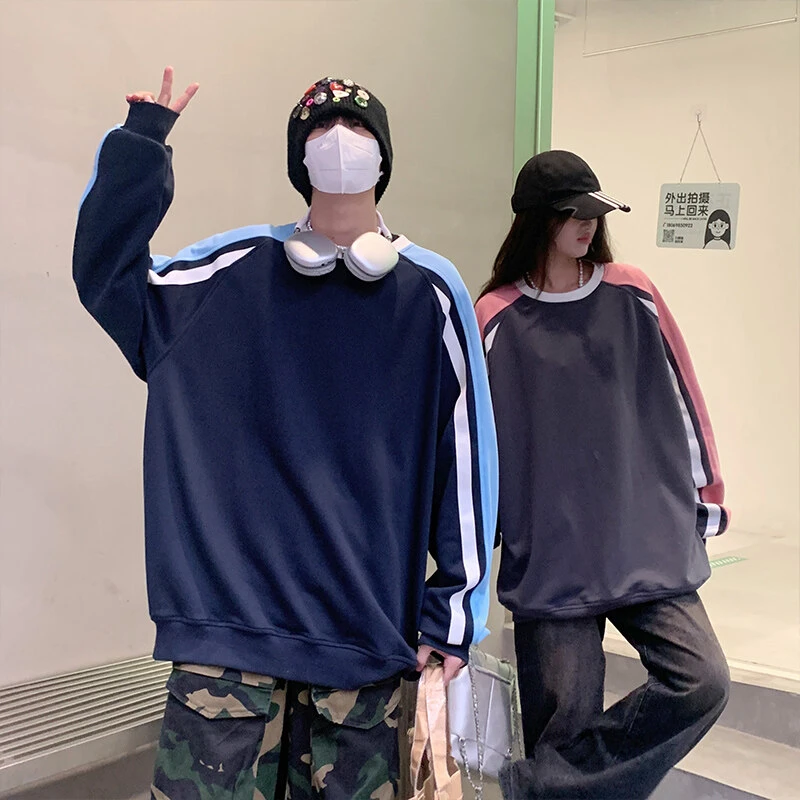 断码二春秋潮牌港风复古情侣百搭学院风圆领套头卫衣HW3995