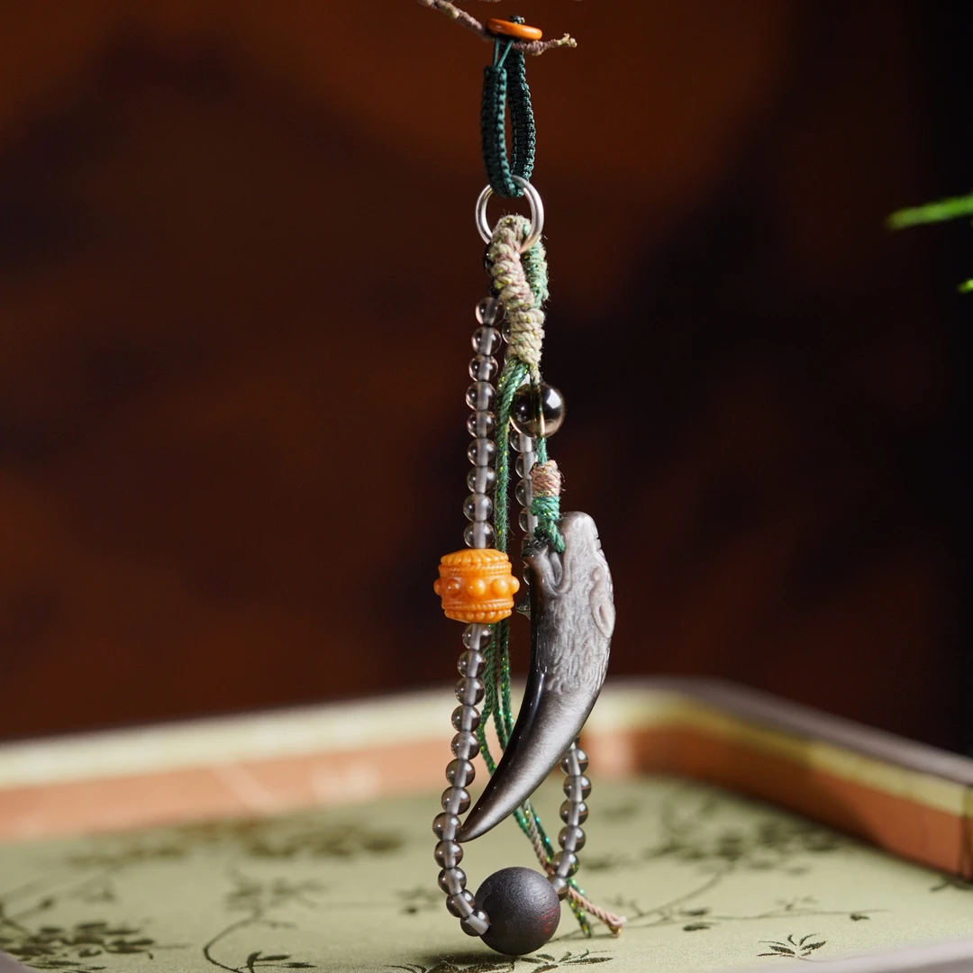 【左边婷姐】黑曜石牙牙手工原创国风文玩挂件（L451）