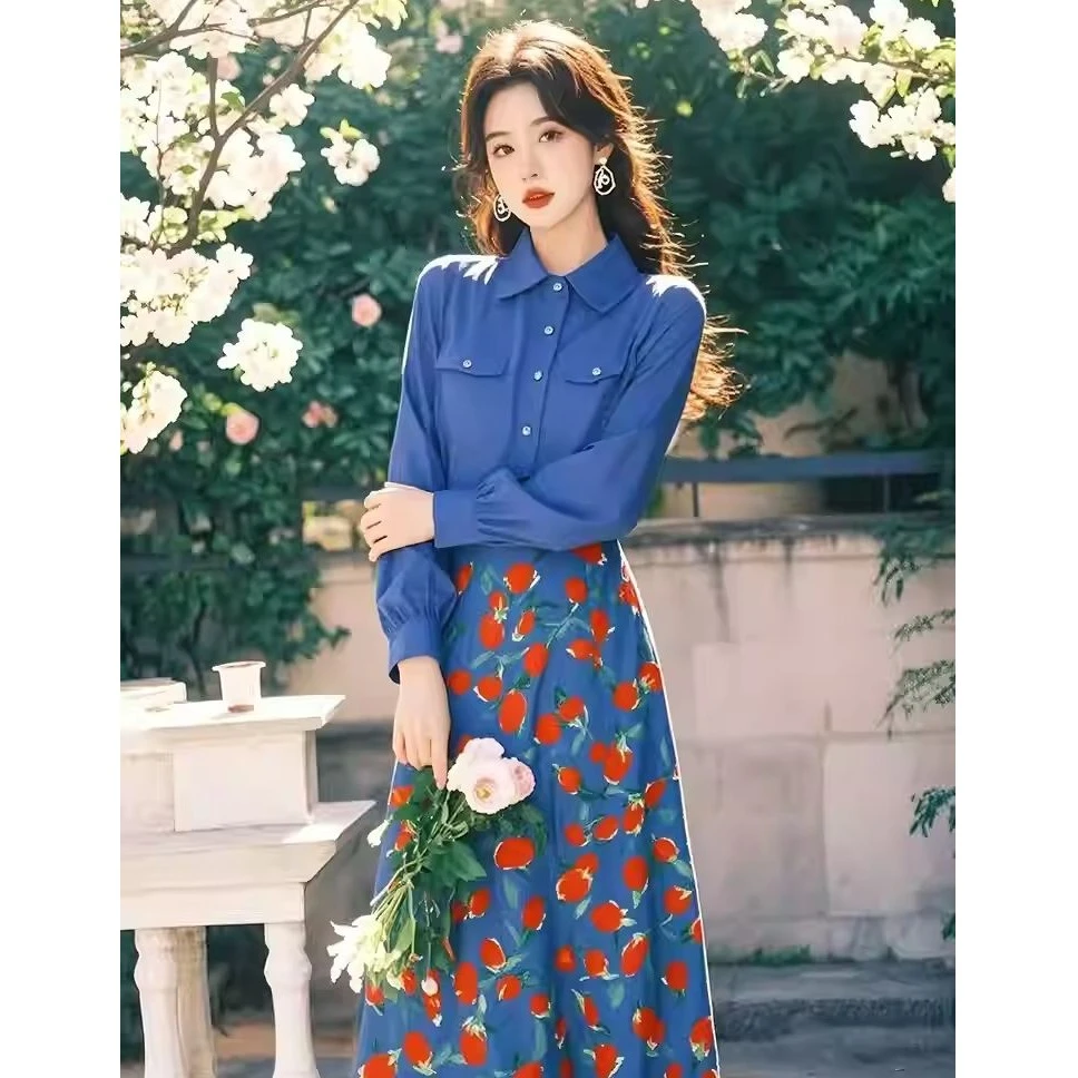 春夏穿搭一整套女2025新款法式蓝色衬衫碎花半身裙显瘦气质两件套
