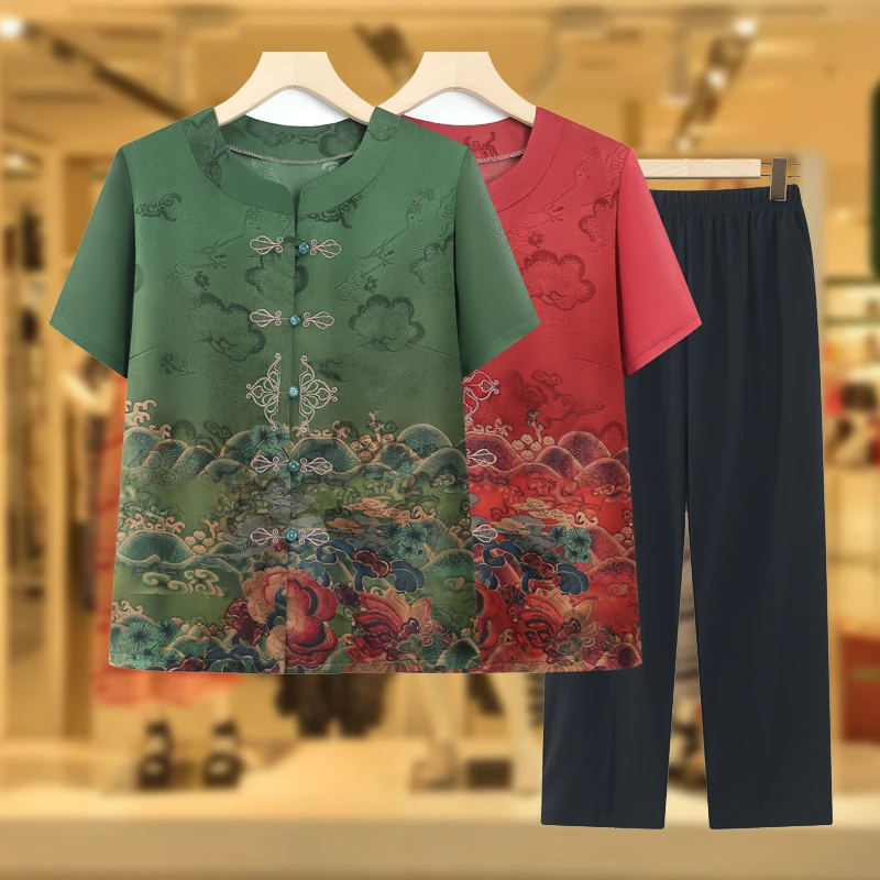 奶奶夏装套装女中老年人休闲短袖衬衫妈妈夏天衣服老人老太太宽松