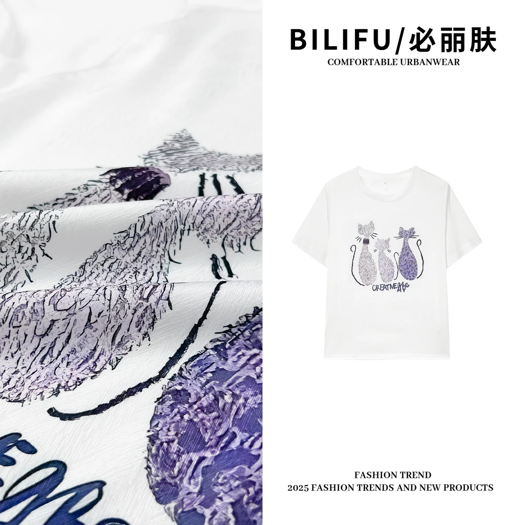 BILIFU/必丽肤 油画小猫印花AB面T恤春夏百搭桑蚕丝圆领上衣8925