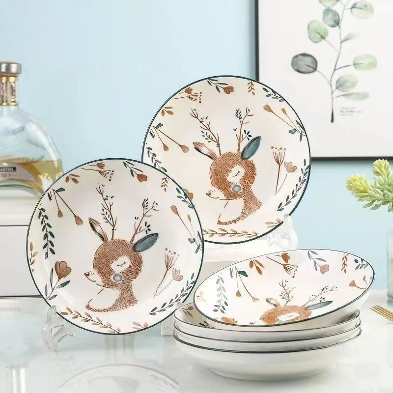 【花色237】小鹿7英寸盘4只+8英寸方盘2只陶瓷餐具釉下彩