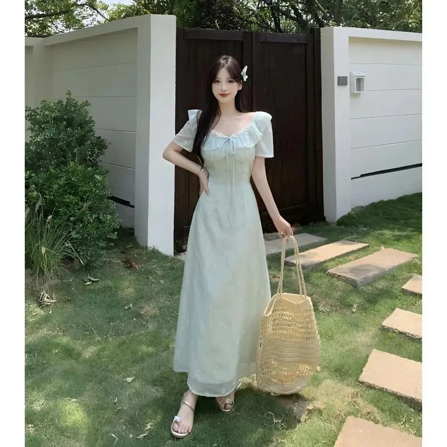 大码女装法式温柔蕾丝拼接绣花气质连衣裙女夏季显瘦收腰裙长裙子