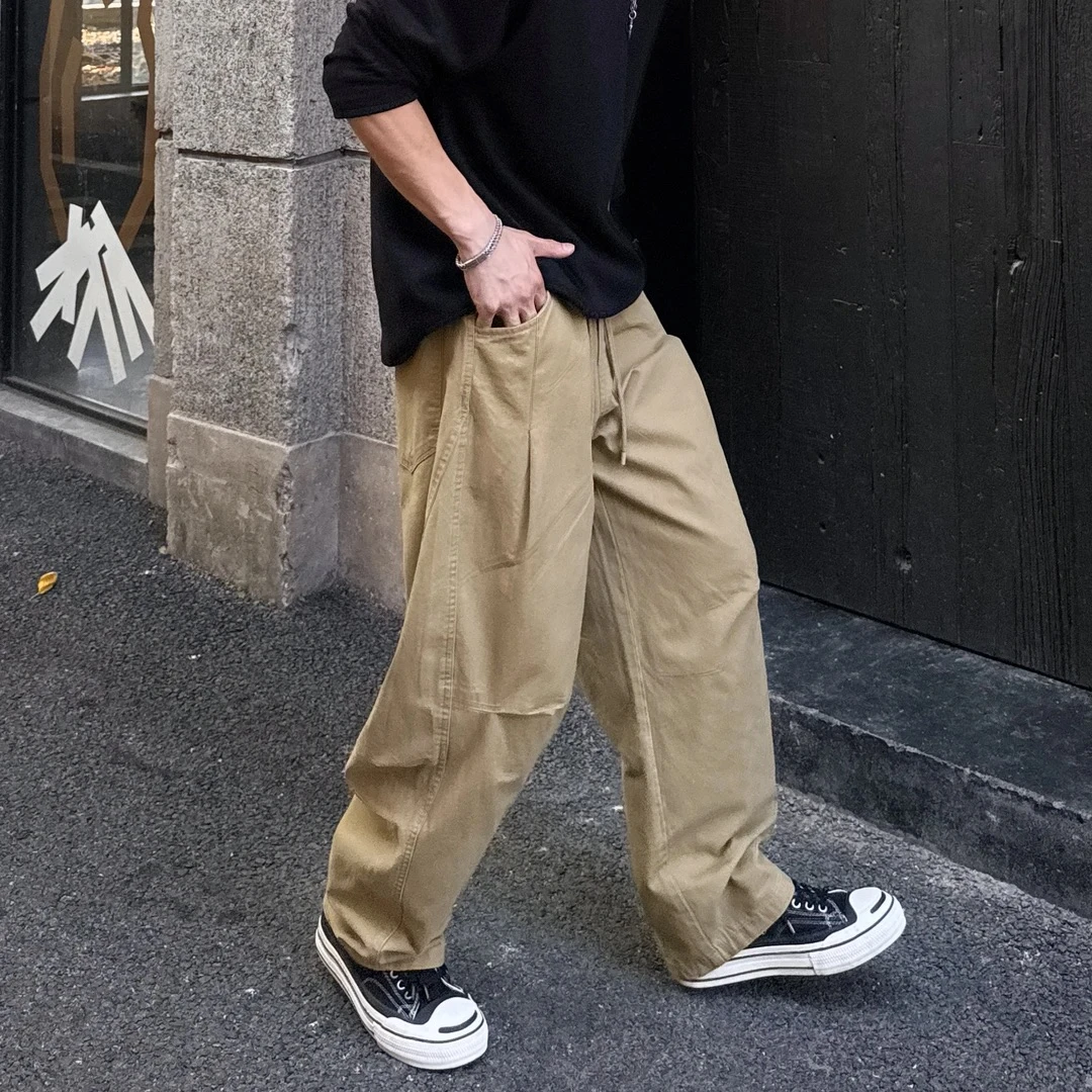 日本vintage复古褶皱伞兵休闲裤男秋季美式潮牌宽松直筒工装长裤