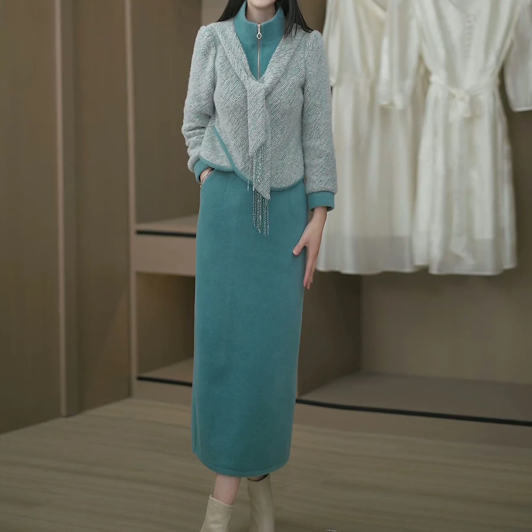 雪尔绒2025秋冬新款时尚百搭优雅撞色修身显瘦上衣半身裙气质套装