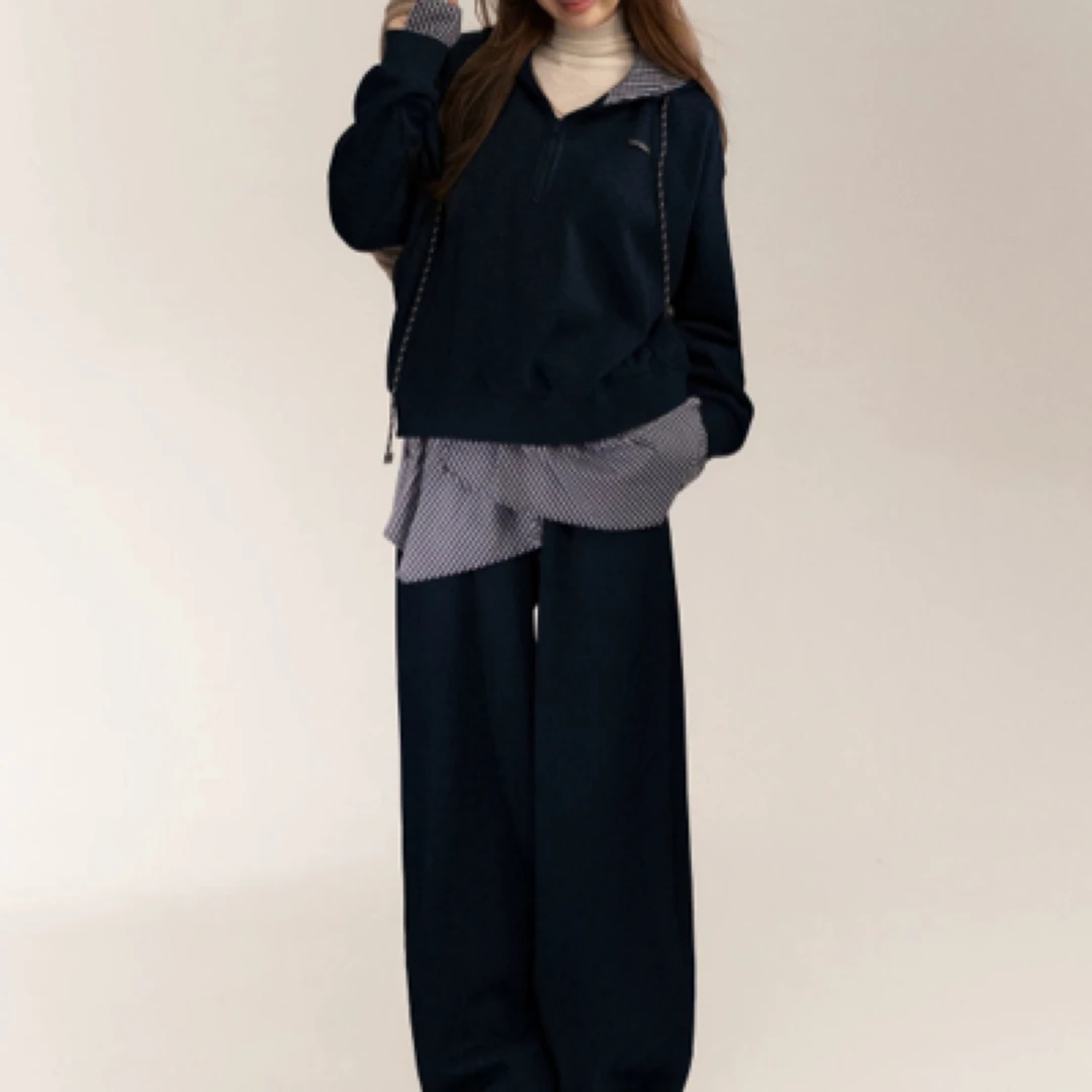 美式学院风假两件格纹拼接卫衣卫裤套装女