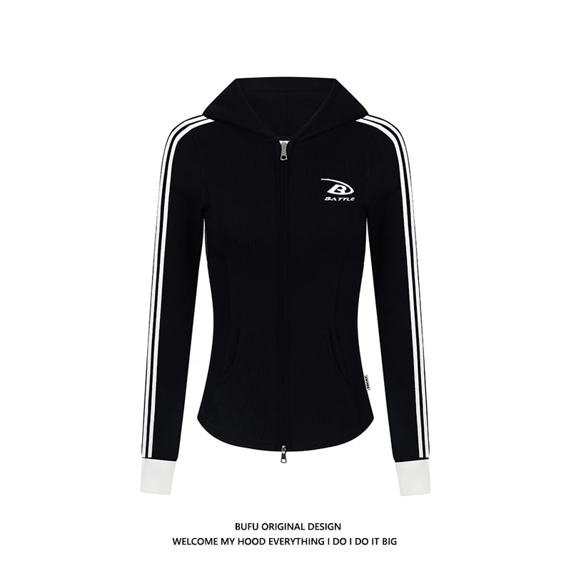 亿万少年BUFU显瘦针织衫条纹连帽卫衣拉链外套女春秋辣妹风上衣潮