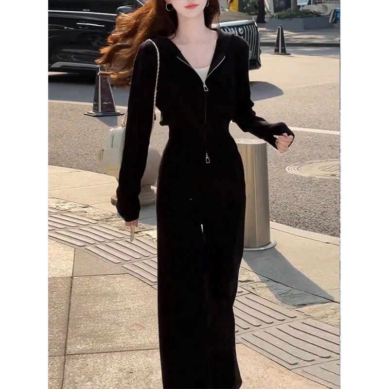 黑色短款连帽卫衣阔腿裤两件套女秋冬新款气质女神范显瘦时尚套