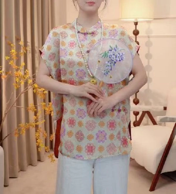 【花容】立领斜襟盘扣遮肉显瘦短袖T恤2025B3773-瑾玉