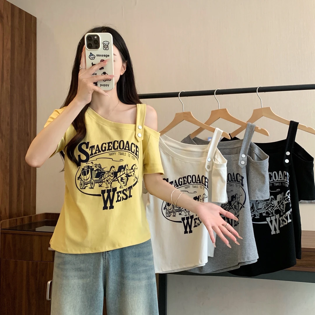 2025年大码女装夏季新款露肩印花纯欲风短袖T恤3267