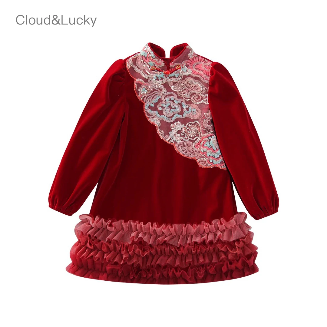 女童中国风连衣裙加绒冬装新款洋气儿童红色公主裙女孩拜年服1043