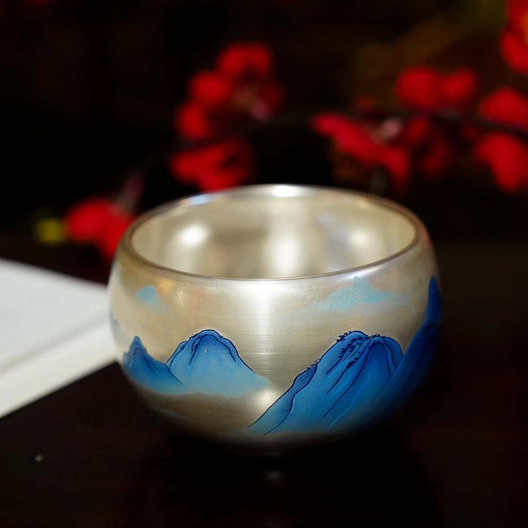 【本尼家】JT04轻奢鎏银主人杯单杯《千里江山》茶室茶台装饰摆件