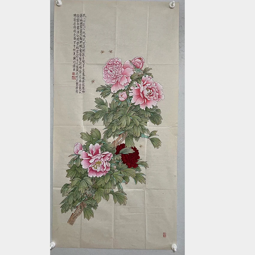 2082  纯手绘老字画《牡丹》中堂  尺寸 137×68