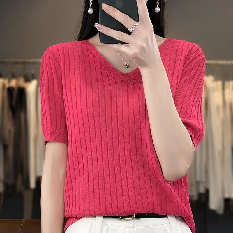 冰感针织短袖V领短袖显瘦时尚女打底衫宽松毛针织衫