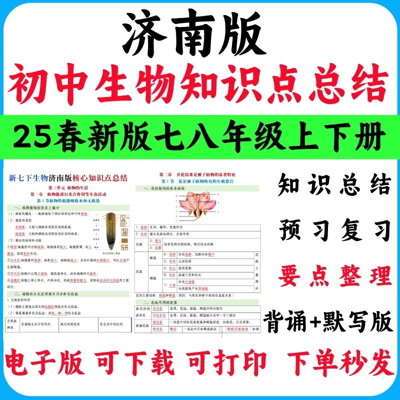 2025春济南版初中生物知识点总结梳理背诵默写版七八年级上下册预