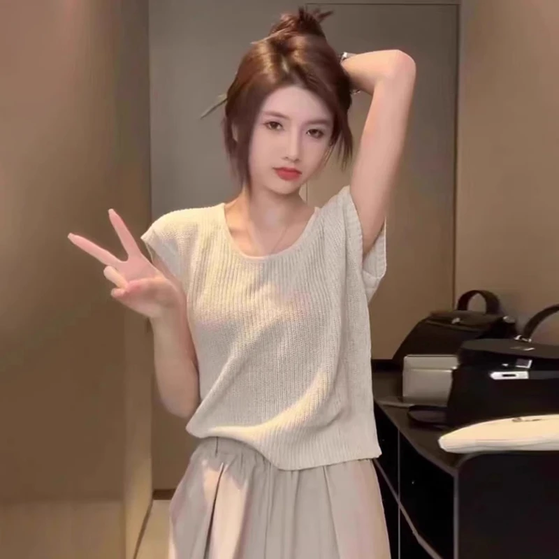 1189设计感小众正肩针织短袖t恤女装夏季新款镂空内搭打底衫上衣