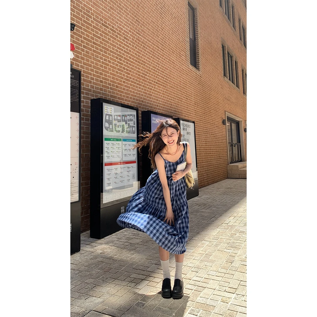RAINY 日系宽松格纹吊带连衣裙夏季女格子长款少女减龄漂亮小裙子