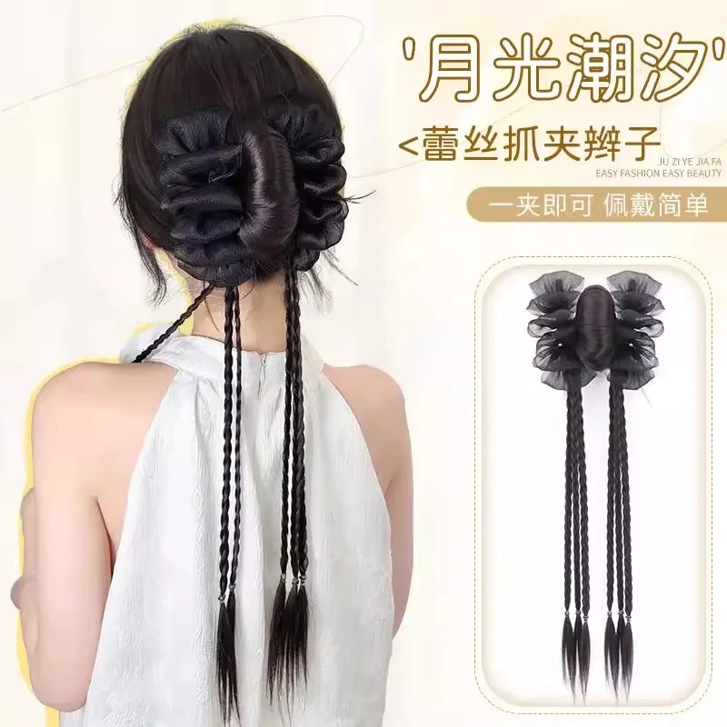 假发辫子女抓夹蕾丝边低马尾仿真双麻花长辫子发饰新中式马尾假发
