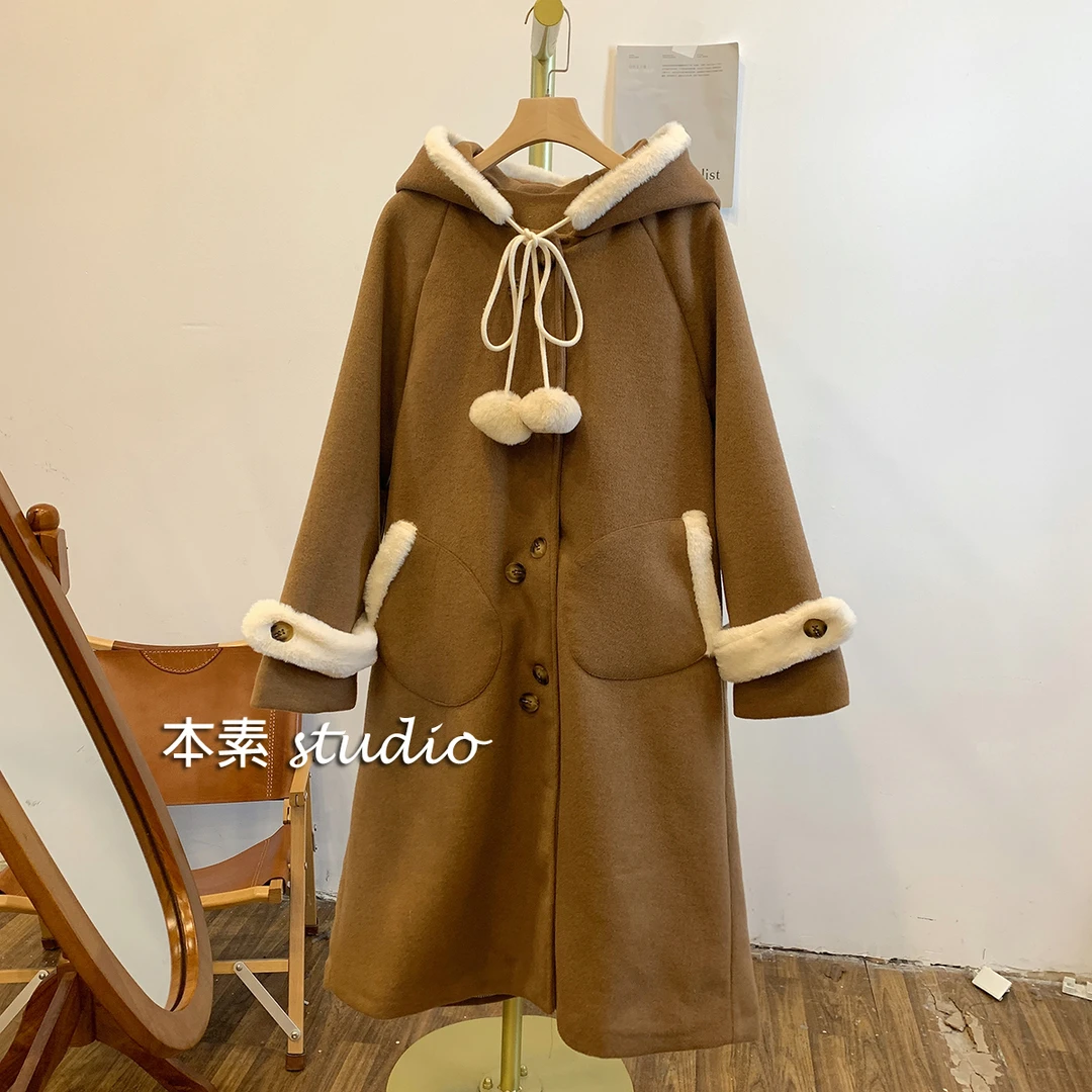 夹棉毛绒拼接系带连帽毛呢外套M9486