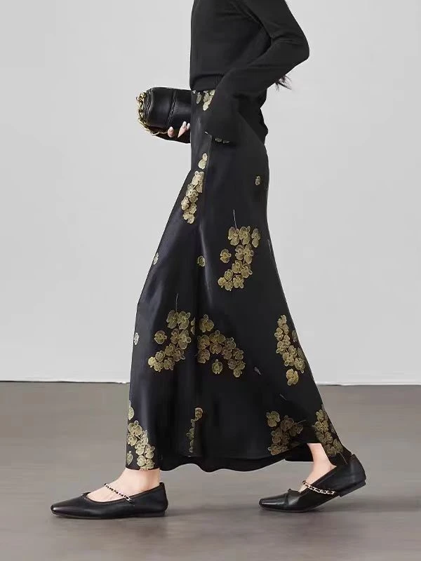 高级丝滑缎面鱼尾气质裙女2025早秋时尚气质印花显瘦中长款半身裙