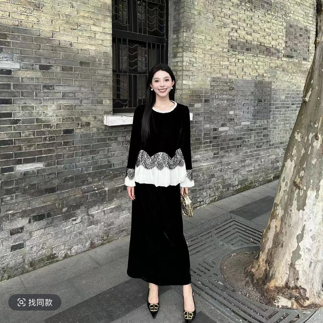 【猫七七】2025早秋新款洋气时尚百搭拼接蕾丝半身裙套装