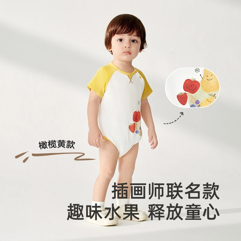 英氏婴儿衣服夏季短袖柔软透气棉麻连体衣男童女童包屁衣2025新款