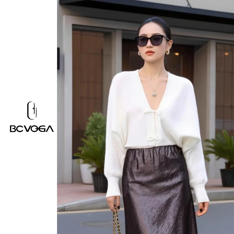 BCVOGA洋气时尚衣服上衣春季薄款针织开衫V领镂空设计短款外搭气