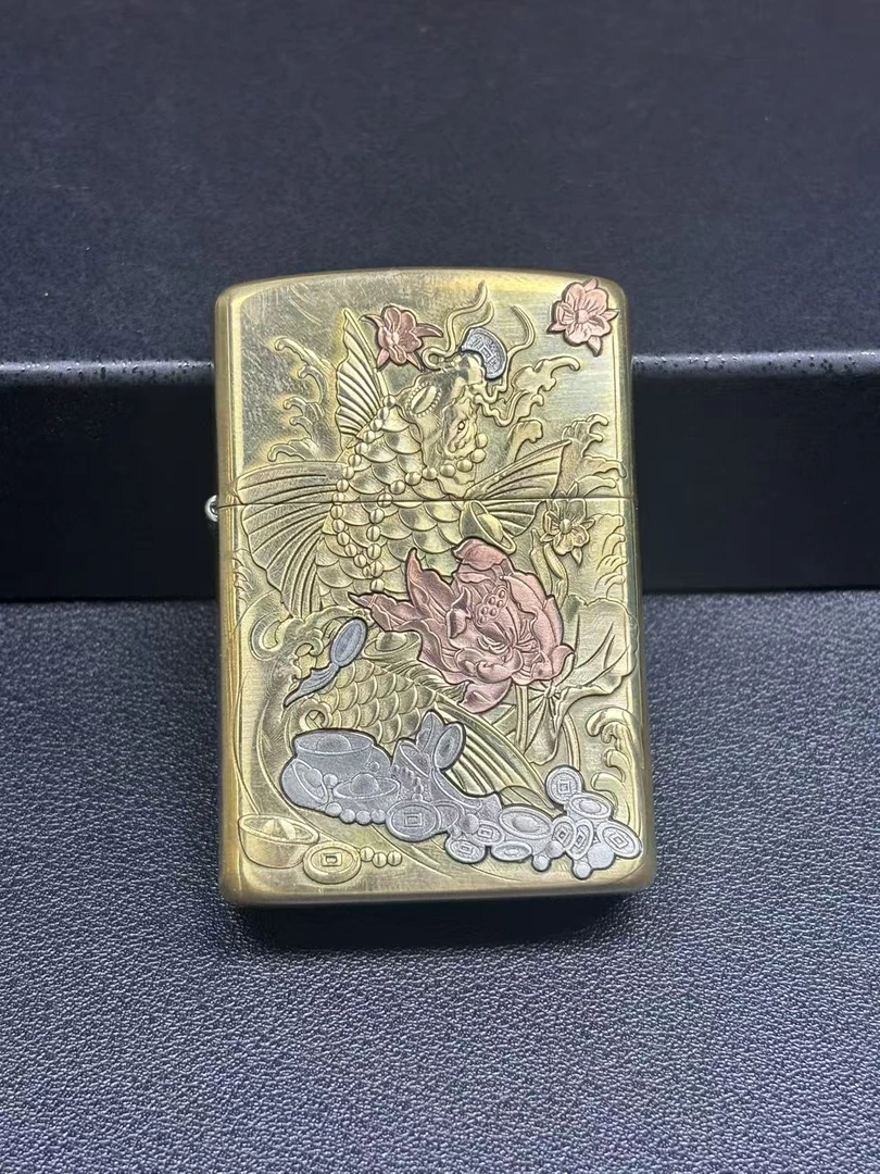 黄铜盔甲打火机3D浮雕镶嵌富贵锦鲤工作室雕工送男友生日礼物