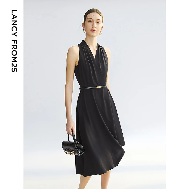 朗姿v领无袖收腰伞摆连衣裙高级感轻礼服小黑裙2025年夏季新款裙