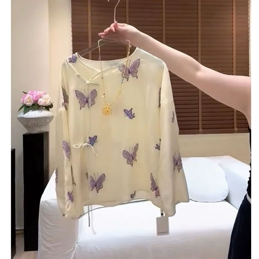 【紫蝶】新中式时尚高级感宽松薄款蝴蝶刺绣长袖丝缎上衣女复古轻薄