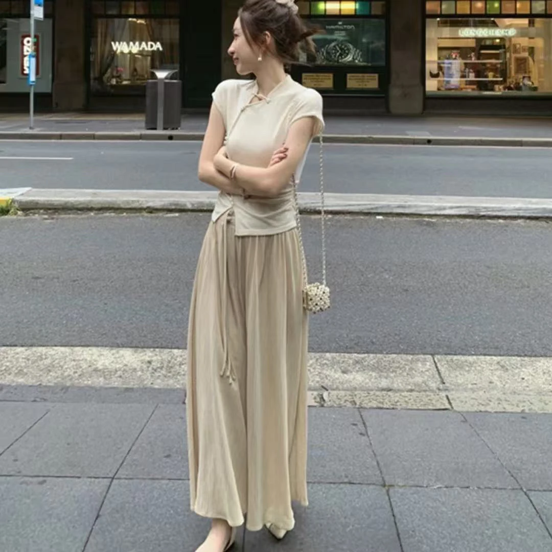 Yang vang 新中式斜领口 不规则旗袍t恤上衣+阔腿裤裙裤两件套装