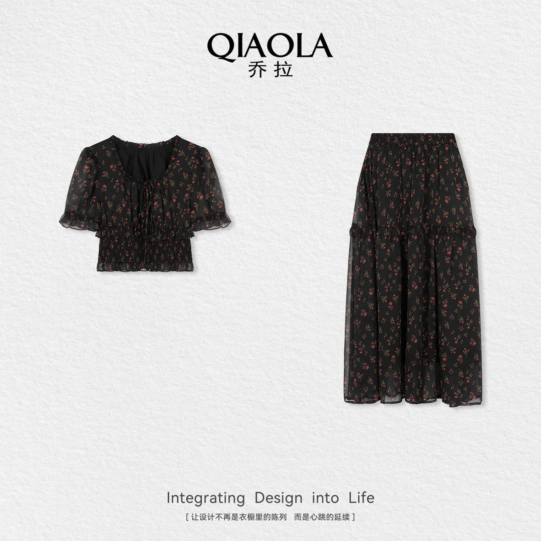 QIAOLA/乔拉【旧城烟雨】夏新款梭织印花透气显瘦百搭时尚套装预售