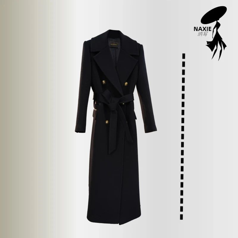 长款女毛呢外套2025新款高奢温婉毛呢大衣中长款双排扣冬季大翻领