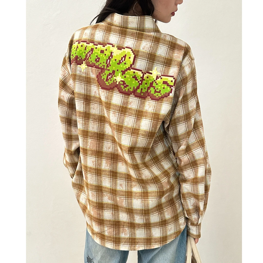 WHOOSIS（不知其名）像素水果饮品店格子长袖衬衫男女春秋衬衣时尚