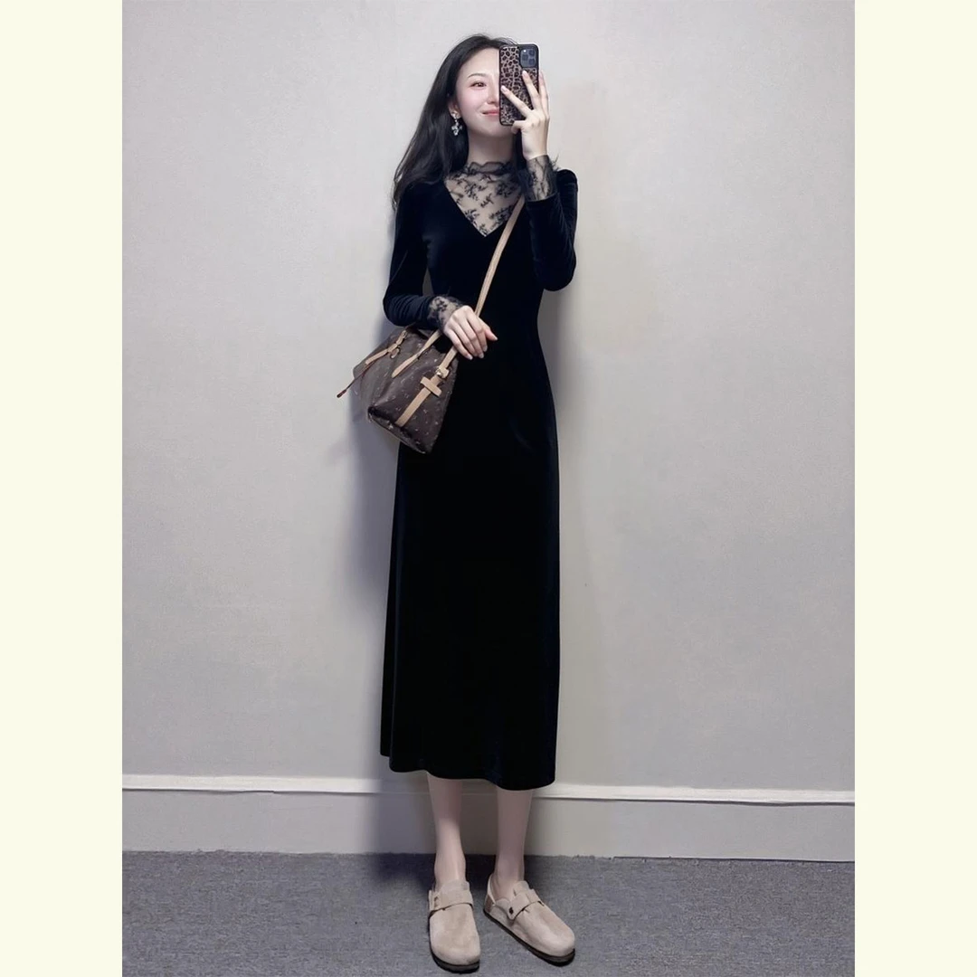 裙子秋冬款流行穿搭独特漂亮大方得体高级感超好看黑色丝绒连衣裙