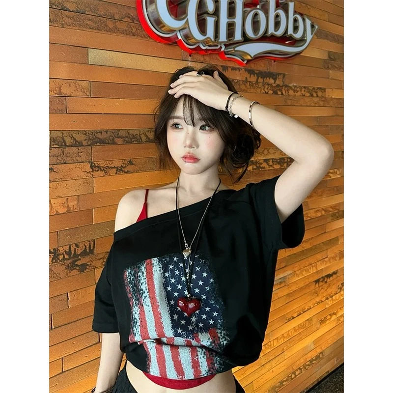 夏季新款斜肩短袖t恤女穿搭上衣休闲宽松纯欲风五一旅游出街衣服