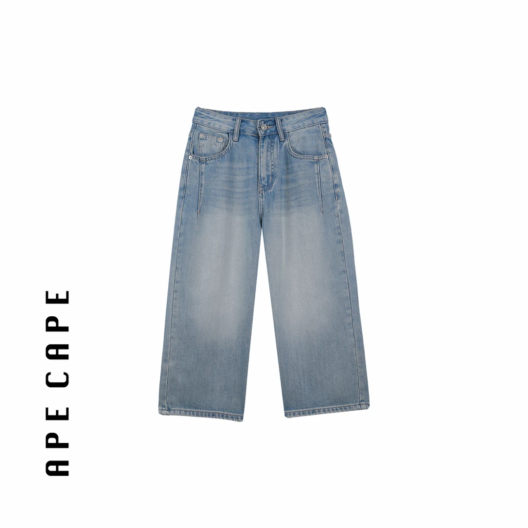 APE CAPE【痞雅风】七分做旧牛仔裤女 夏季百搭直筒七分牛仔裤女