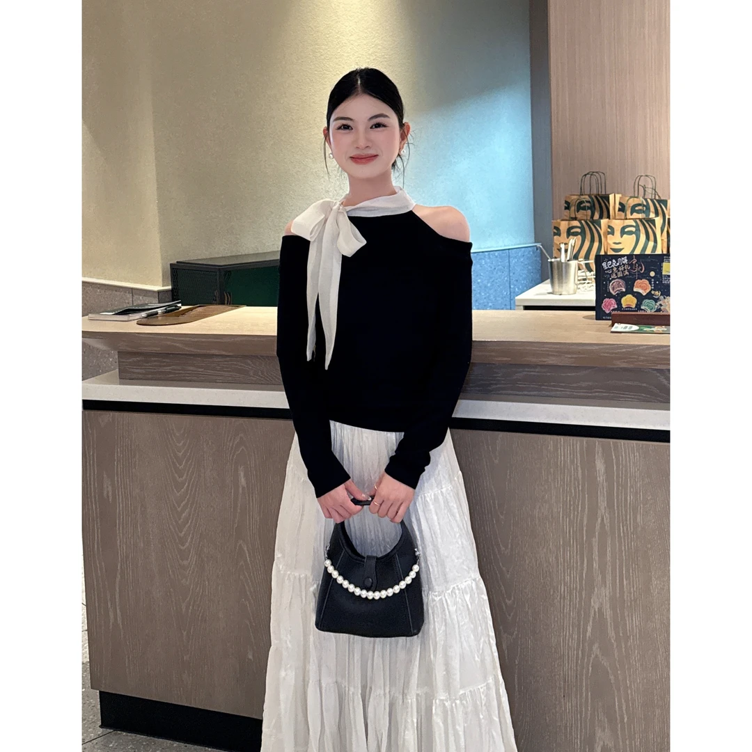 李慧一【心动约会】法式蝴蝶结秋季浪漫温柔露肩纯欲感显瘦长袖上衣