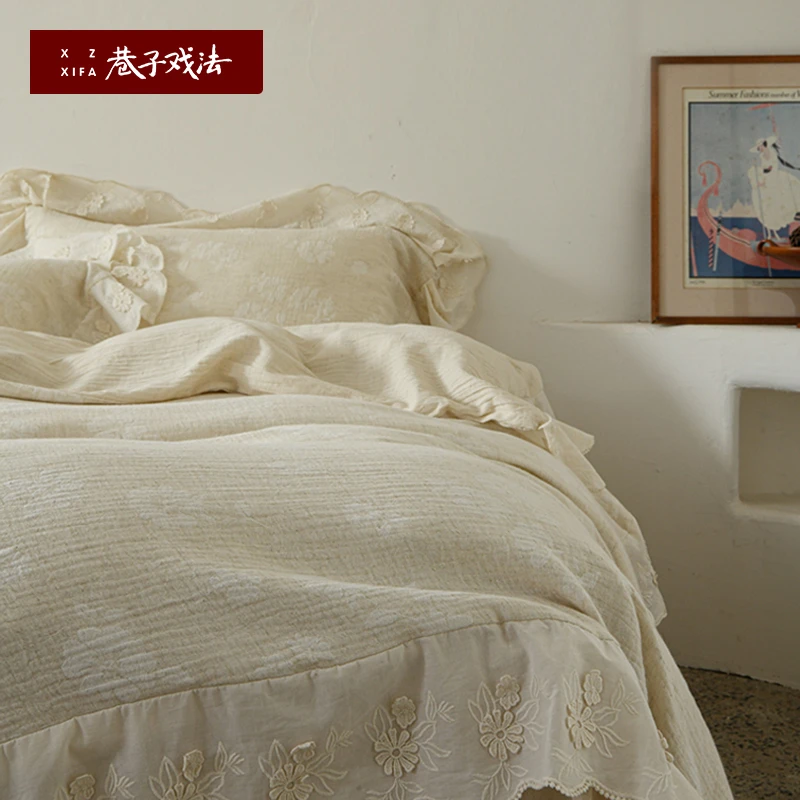 巷子戏法A类法式棉麻提花床上四件套全棉纯棉亚麻被套床单南法风