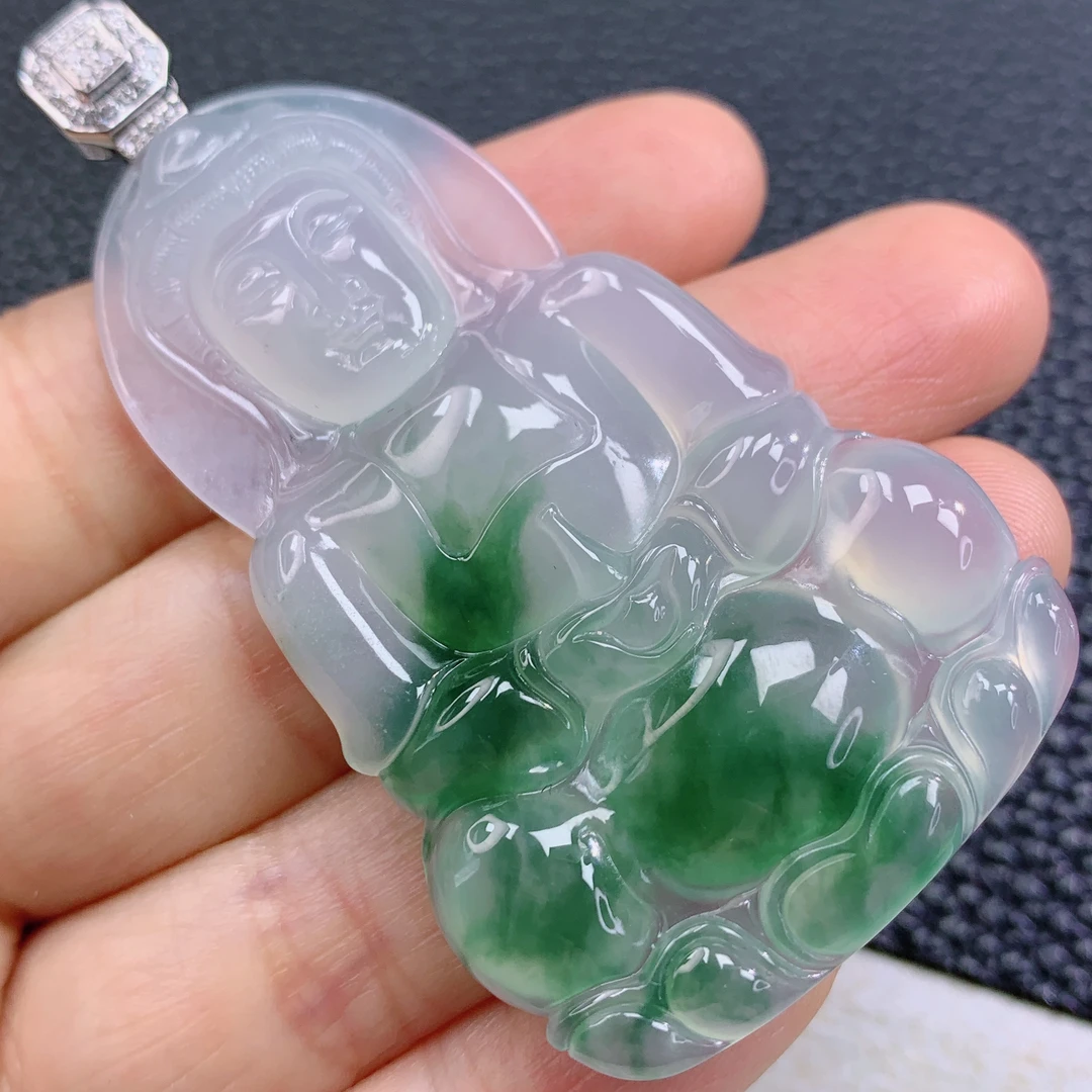 天然缅甸A货翡翠冰种飘花观音厚装吊坠冰透18k金扣头镶嵌