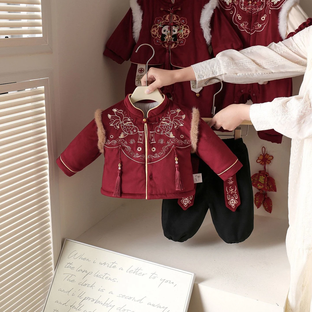 儿童男女童秋冬季拜年新中式新款童装喜庆外穿套装加绒加厚两件套