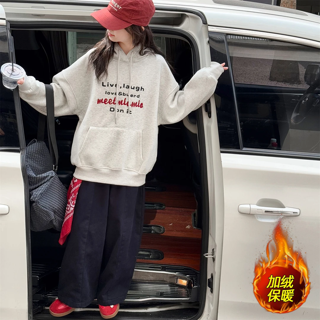 女童加绒卫衣冬季新款字母连帽上衣女孩休闲时尚大童学生保暖卫衣