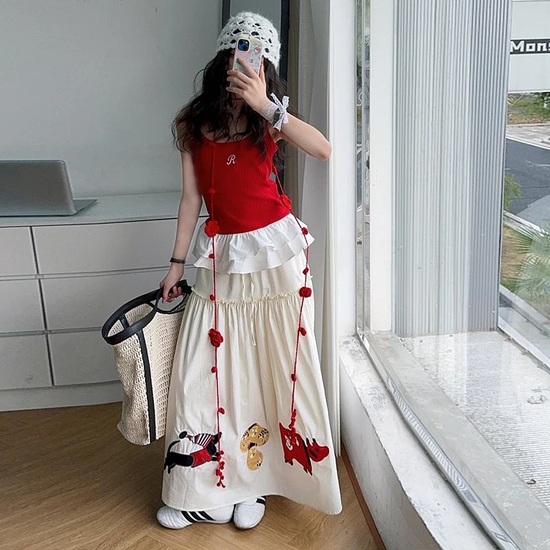 【嘻嘻柚】女童夏季2025新款时尚花边吊带上衣贴布刺绣半身裙两件套