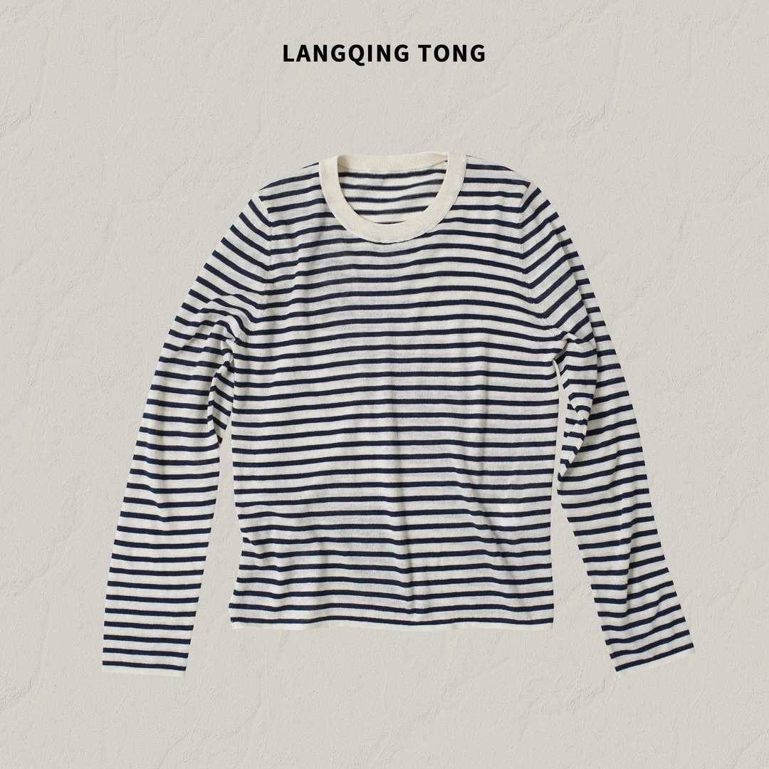LANGQING 圆领长袖羊毛混纺条纹打底针织衫47347#