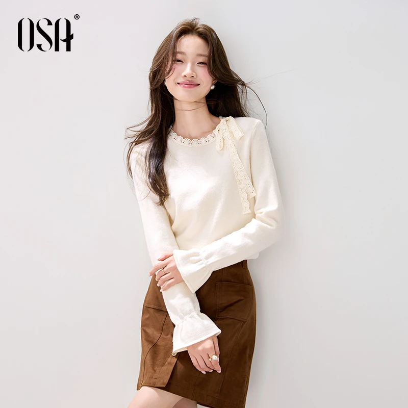 OSA/欧莎 法式蕾丝飘带毛针织衫新款女气质内搭上衣S125C16036