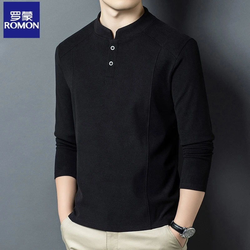 罗蒙高档男士秋冬休闲卫衣2025新款时尚百搭潮流纯色长袖打底衫男