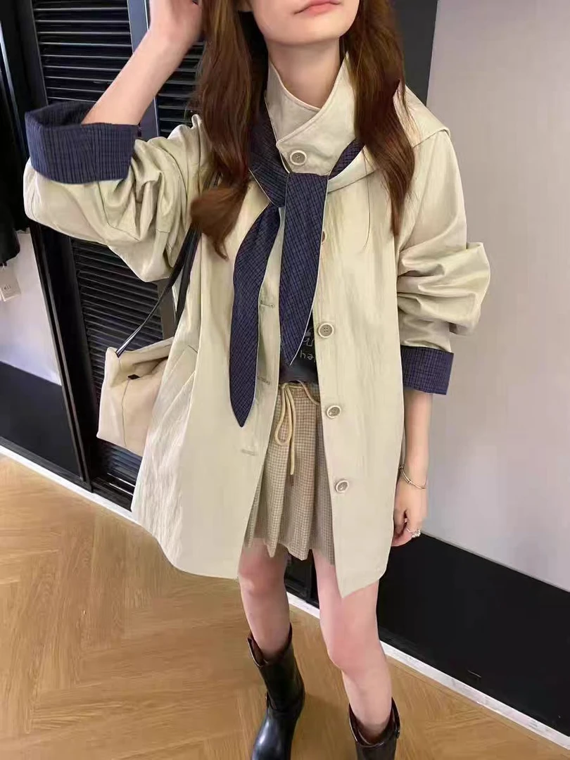 秋新款休闲百搭中长款风衣外套连帽披肩减龄格子撞色风衣中长款