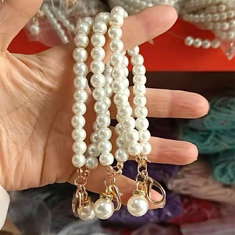 〔千津〕珍珠挂链diy珍珠小花钩针钥匙扣手机包包空心球挂件绳链条