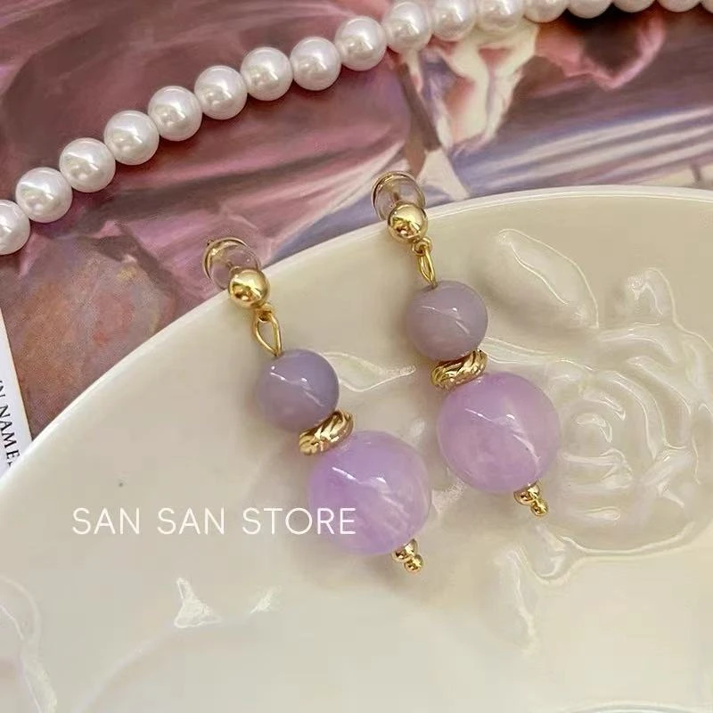 铜合金耳饰 温柔紫流光耳环串珠耳夹圆球耳钉新中式复古
